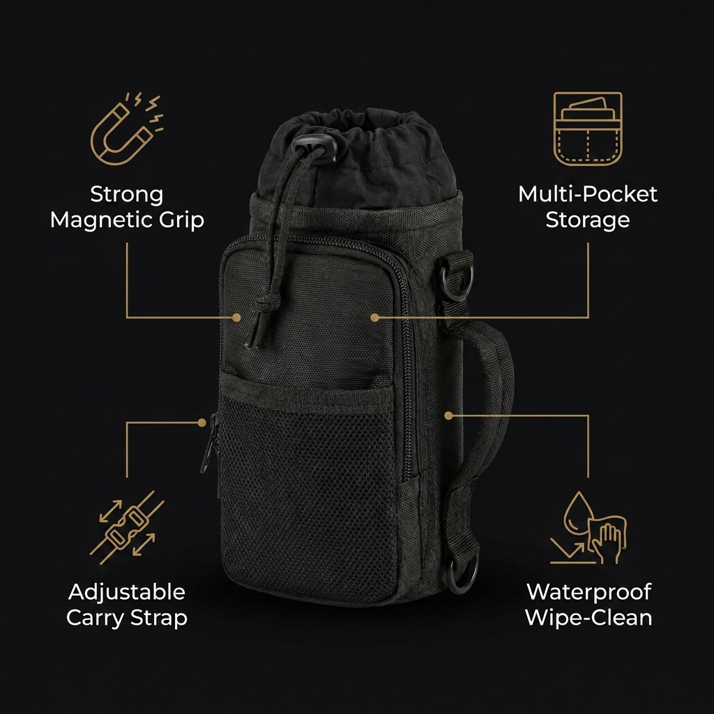 Magnetic gym bottle holder features