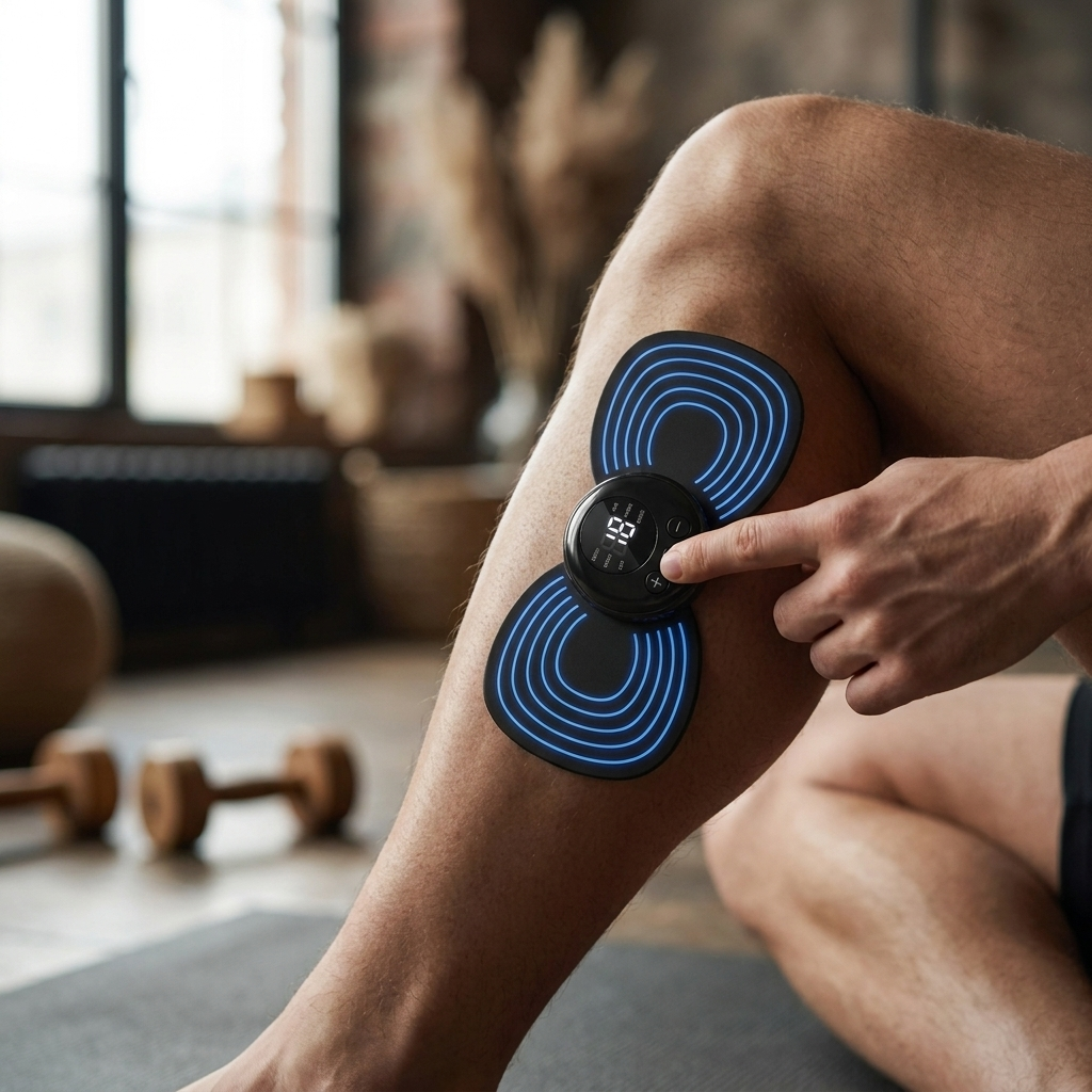 Person using the EMS massager on their calf