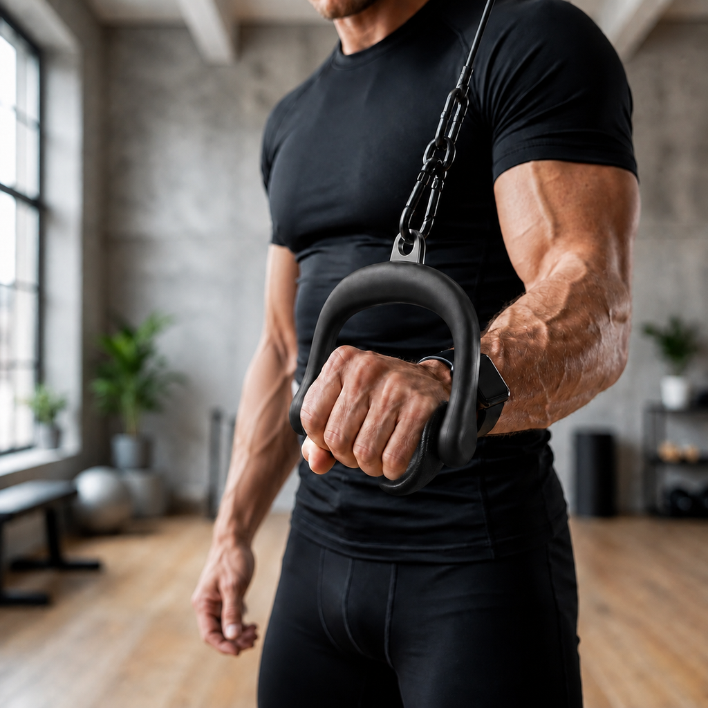 Athlete training with the ergonomic cable machine handles on a cable row